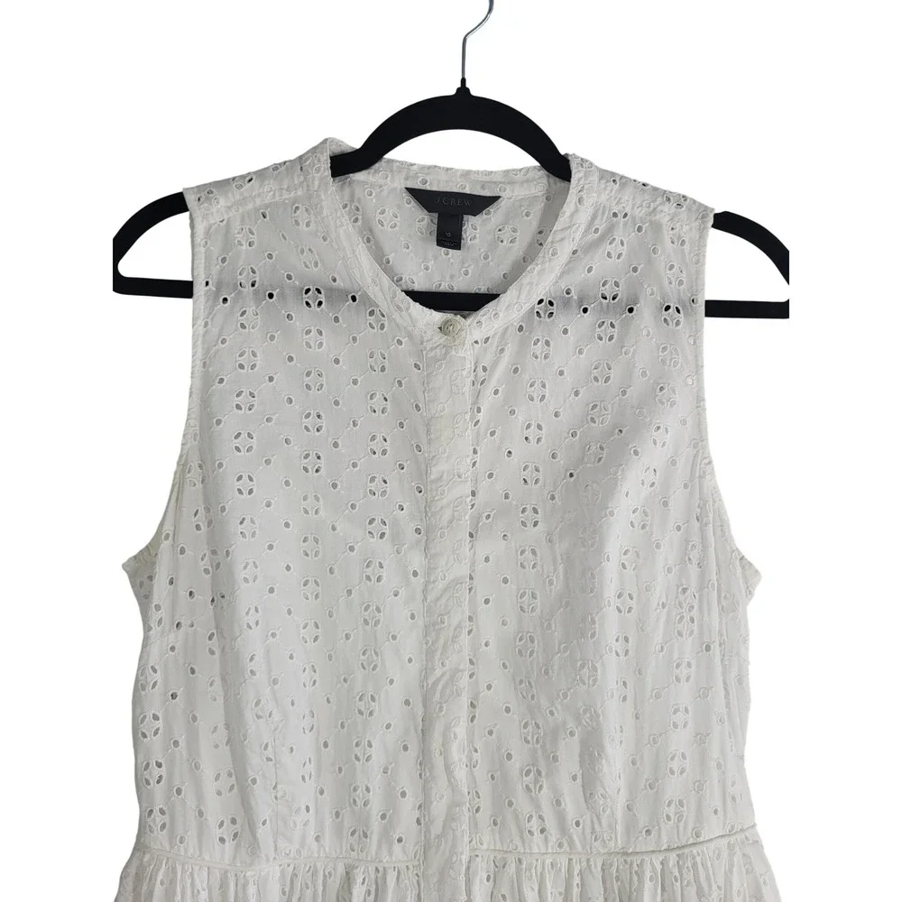J Crew White Eyelet Cotton Sleeveless Button Front Midi Dress Cottagecore 10